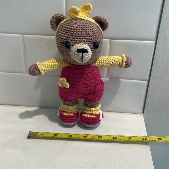 Handcrafted Brownie Bear Doll Figure in Dress Crochet Amigurumi Toy Floral Sunny - Picture 11 of 13